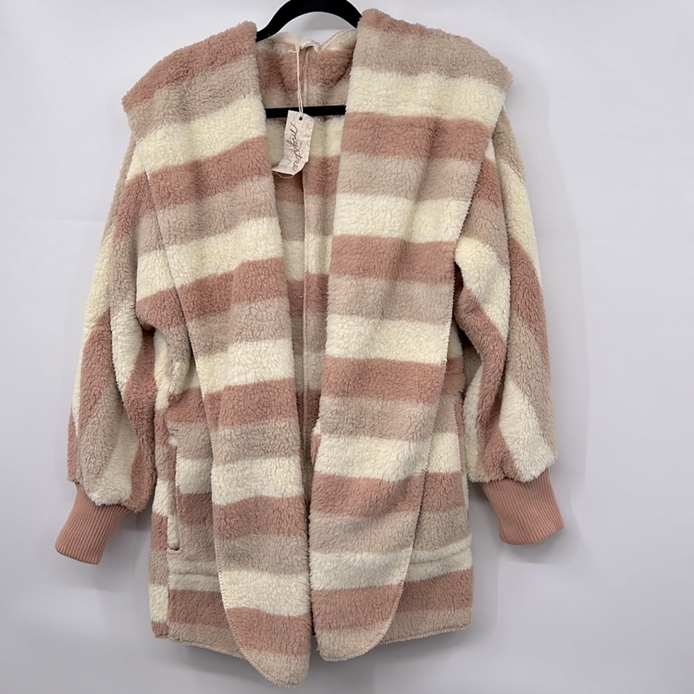 🆕Women’s Soft Fleece Cozy Cardigan Hoodie Cream Rose Mocha Striped W/Pockets - Picture 6 of 12